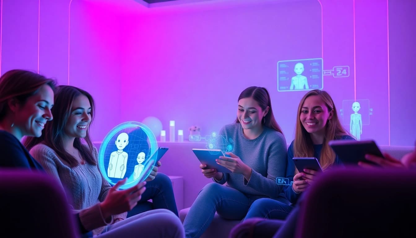 Sexting AI interactions in a futuristic digital room with individuals using modern devices.