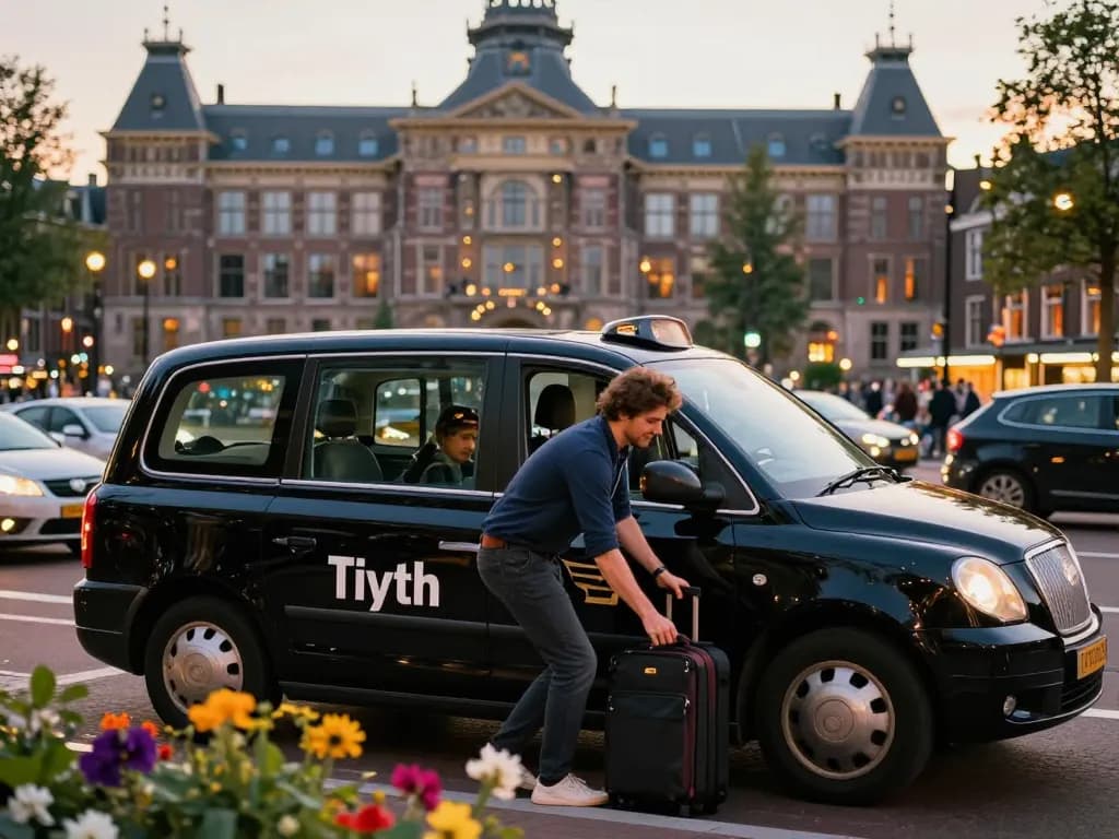 Taxi Amsterdam scène benadrukt een reiziger die in gesprek is met een vriendelijke chauffeur in een moderne zwarte taxi tegen de levendige Amsterdamse architectuur bij zonsondergang.