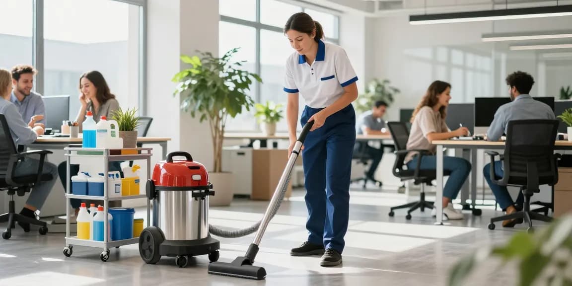 Professional cleaner maintaining a spotless workspace at a schoonmaakbedrijf den haag, ensuring a clean and productive environment.