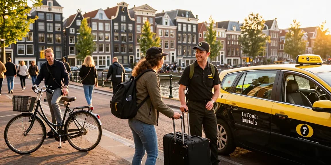 Taxi centrale amsterdam service in vibrant city scene, driver assisting customer with luggage.