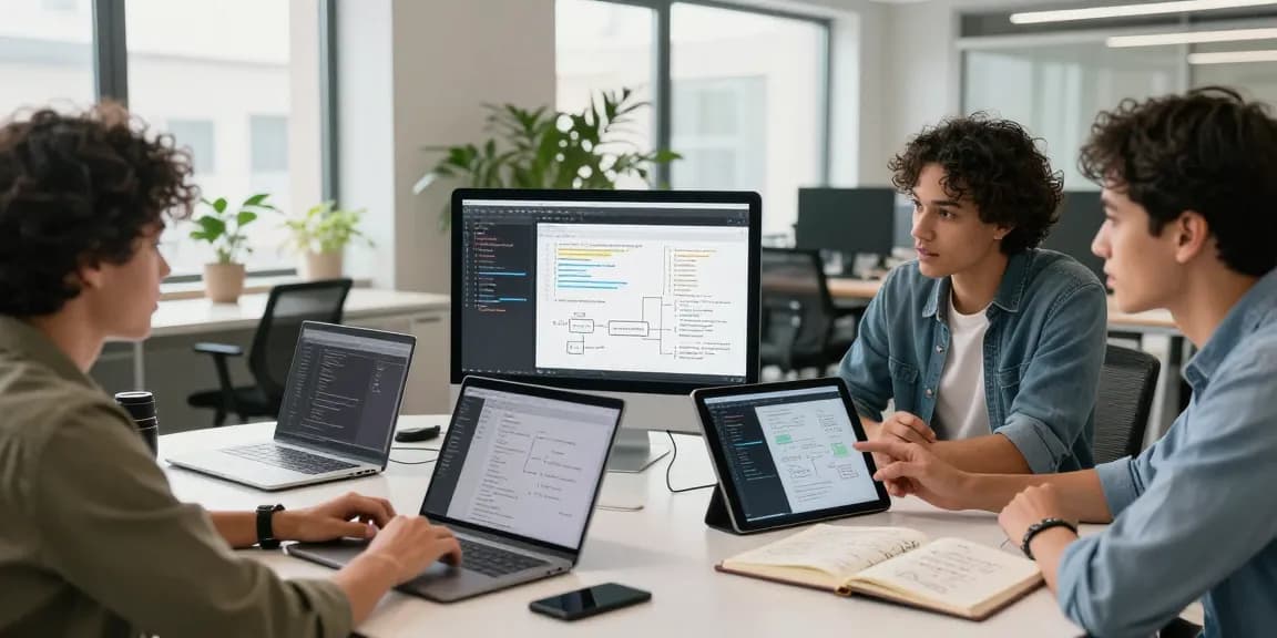 Build internal tools with AI in a collaborative tech workspace, showcasing team brainstorming and prototyping.