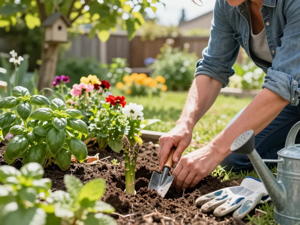 Planting groene asperges planten in a vibrant backyard garden with fresh herbs.