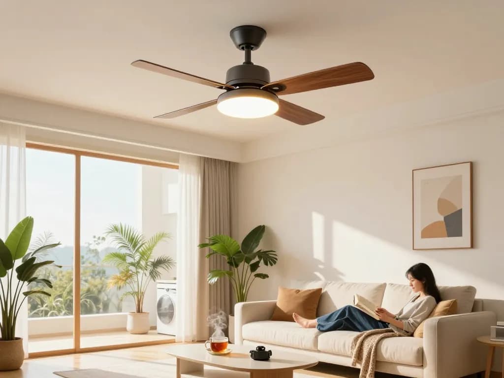 Plafondventilator met geïntegreerde verlichting in een gezellige woonkamer, ventilator met verlichting die comfort en stijl versterkt.