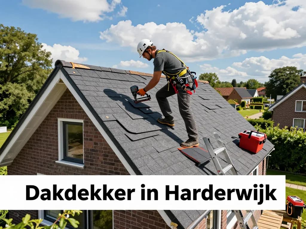 Professionele dakdekker in Harderwijk installeert shingles op een residentieel dak.