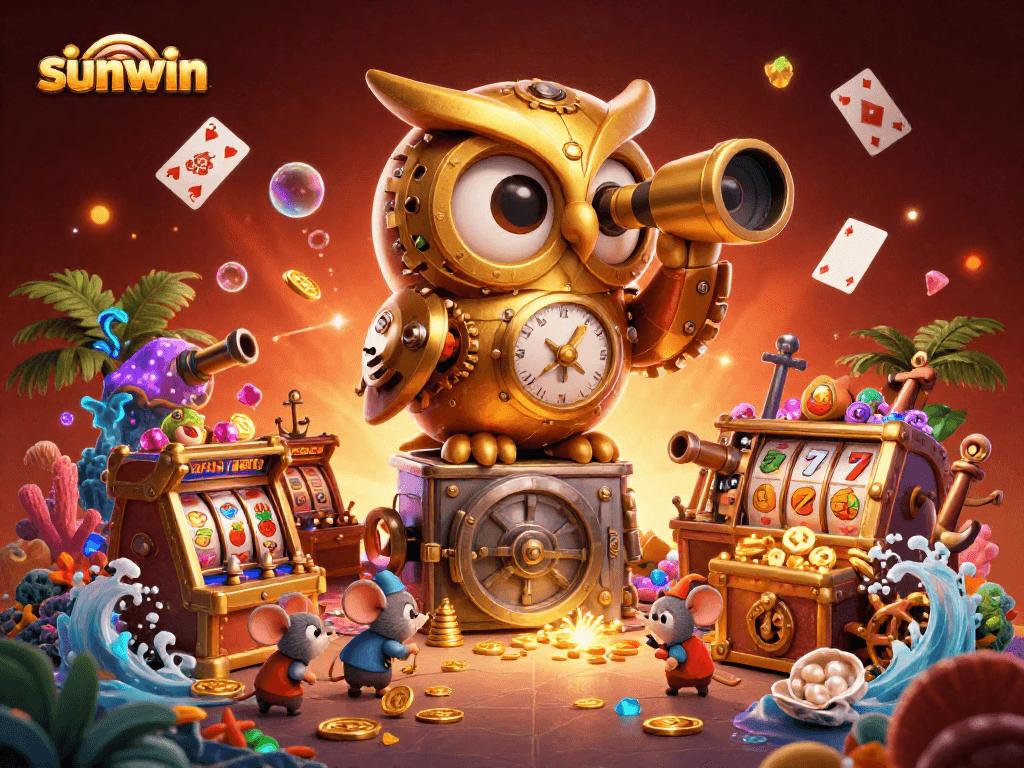 Engage with the thrilling world of sunwin through this rich illustration showcasing clockwork elements and vibrant casino motifs.