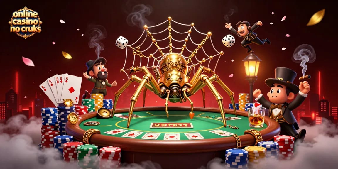 Engage in stunning gameplay at an online casino no cruks, featuring an illustrated steampunk spider and poker elements.