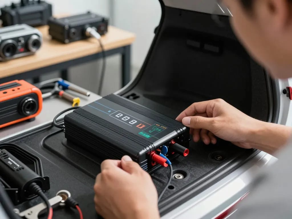 Een 12V omvormer installeren in een voertuig met gereedschap en accessoires.