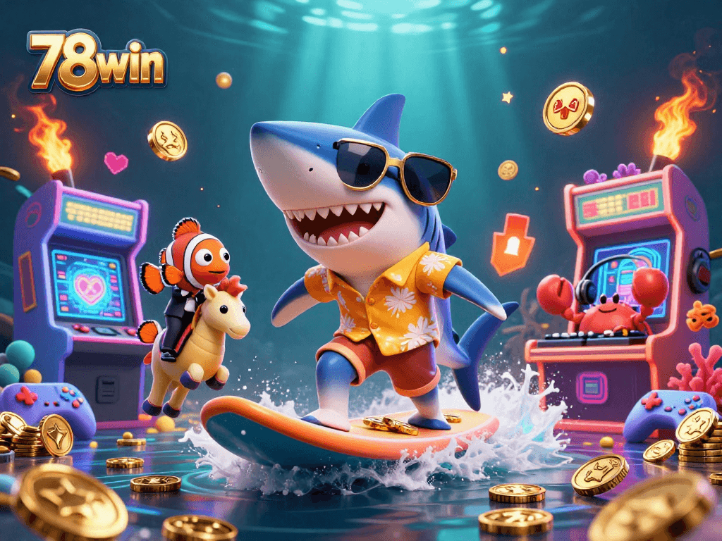 78win players enjoy exciting gaming moments with a hammer-head shark surfing coins and fun game elements.
