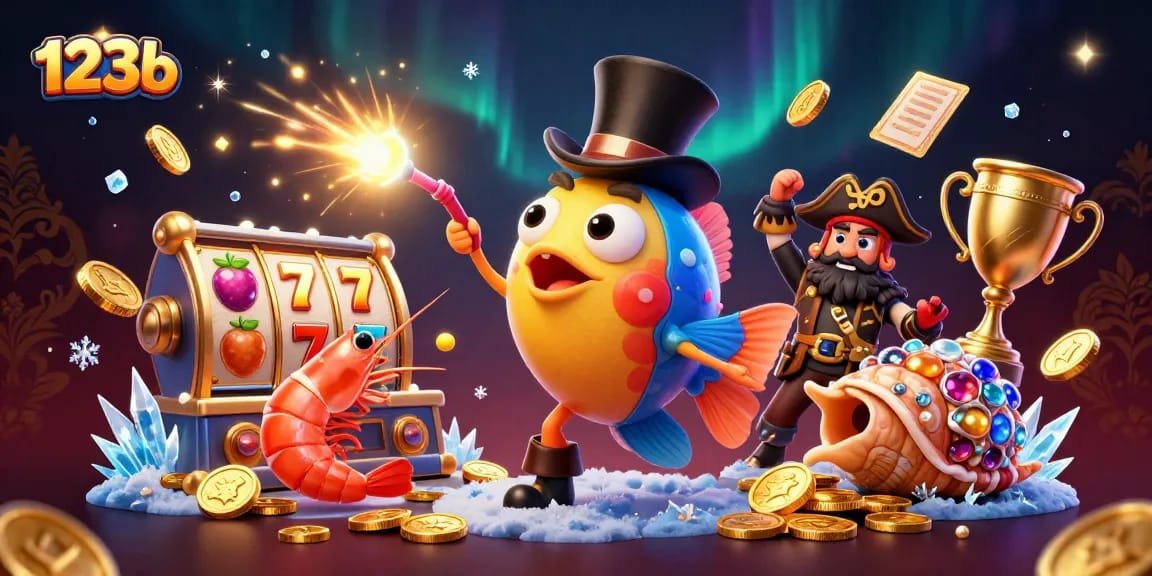 Engage in the excitement of 123b with a vibrant scene featuring an anglerfish, shrimp, and sea snail amidst rich casino elements.