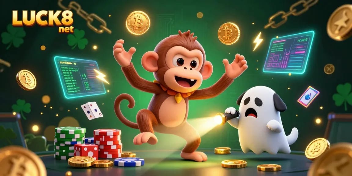 Experience LUCK8 net with a poltergeist monkey juggling casino elements in a vibrant casino scene.
