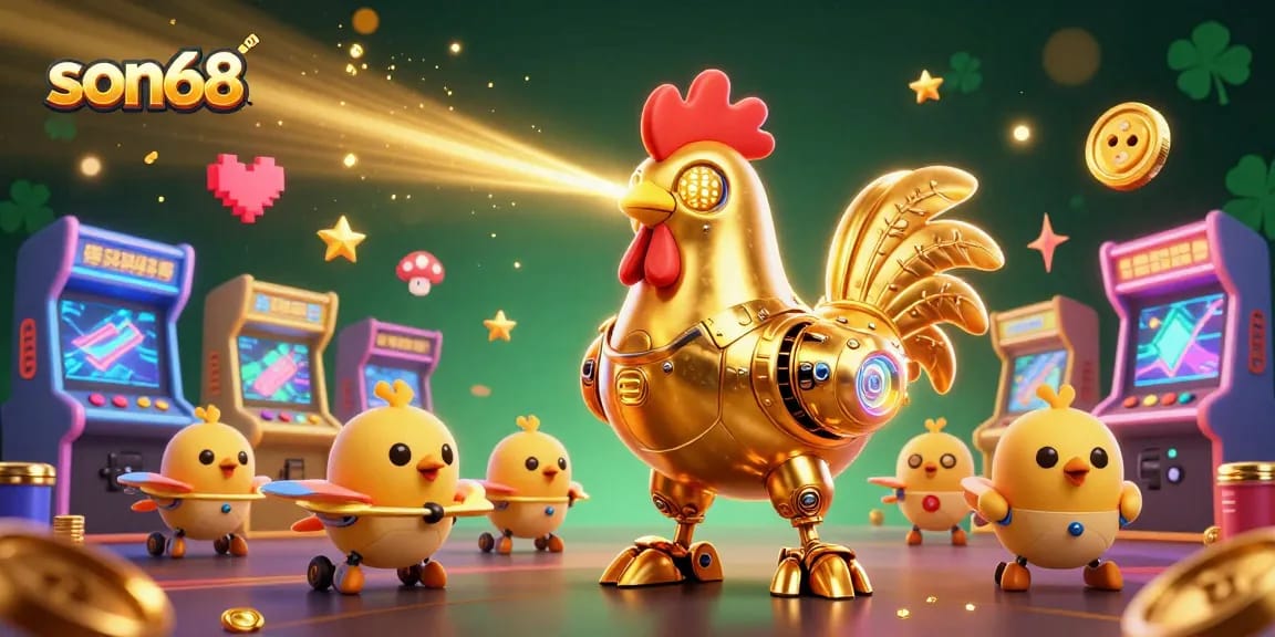 Experience exciting gameplay with the son68 golden rooster robot in a vibrant casino backdrop.