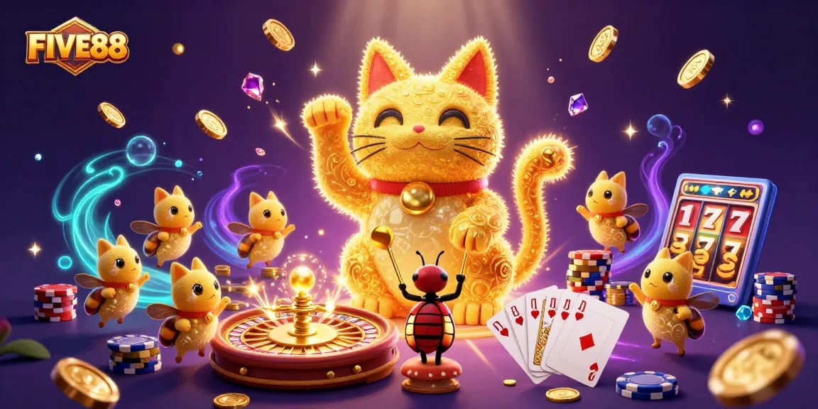 Experience the vibrant energy of FIVE88 with a lucky cat and gaming symbols in a dazzling casino scene.