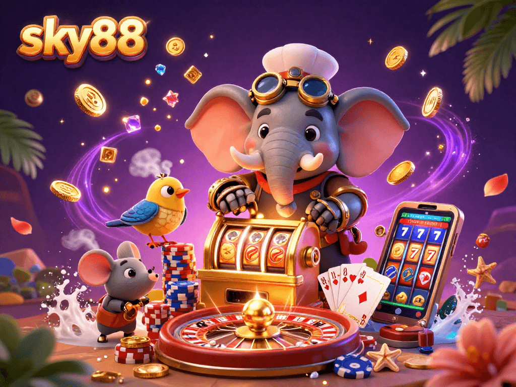 Engage with sky88's exciting casino games featuring a dynamic steampunk elephant and slot machines.