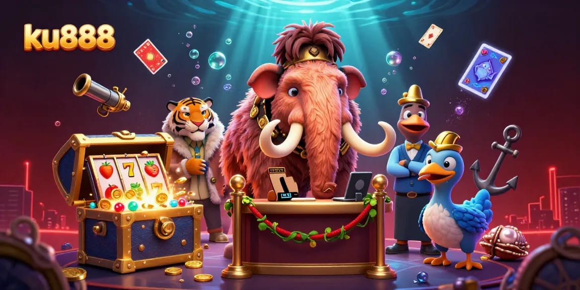 ku888 showcases a luxurious casino scene with a bouncer, VIP guest, and doorman amidst vibrant gaming elements.