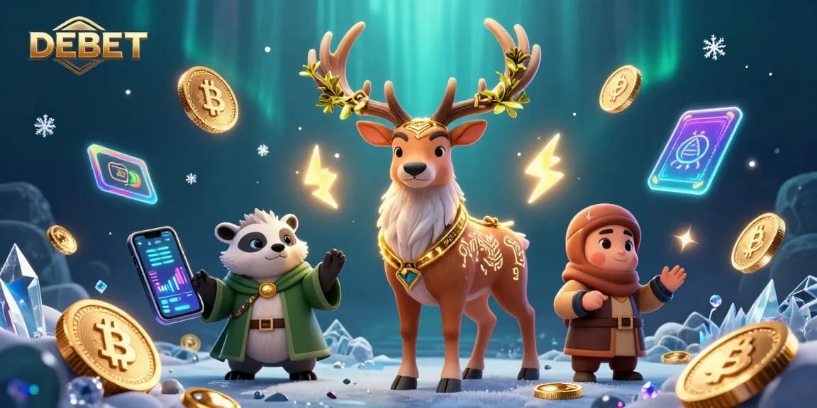 Spin the reels with DEBET's engaging slots surrounded by mystical elements and cryptocurrency symbols.
