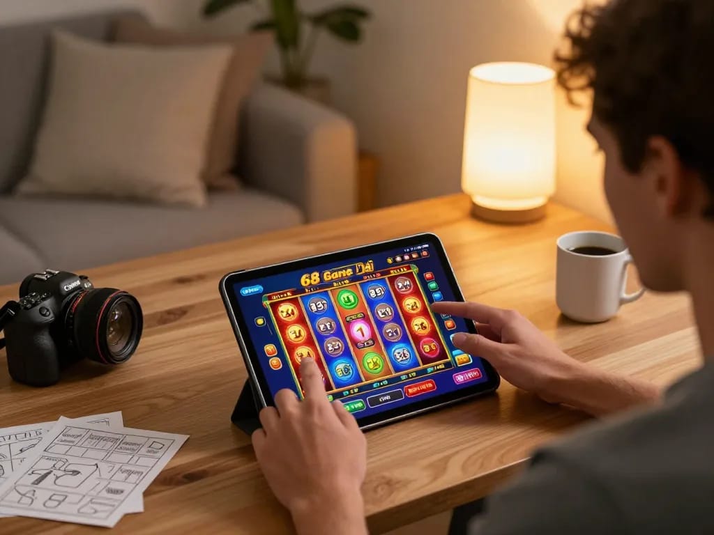 Player enjoying 68 Game Bài, engaging with colorful slot games on a tablet in a cozy home setting.