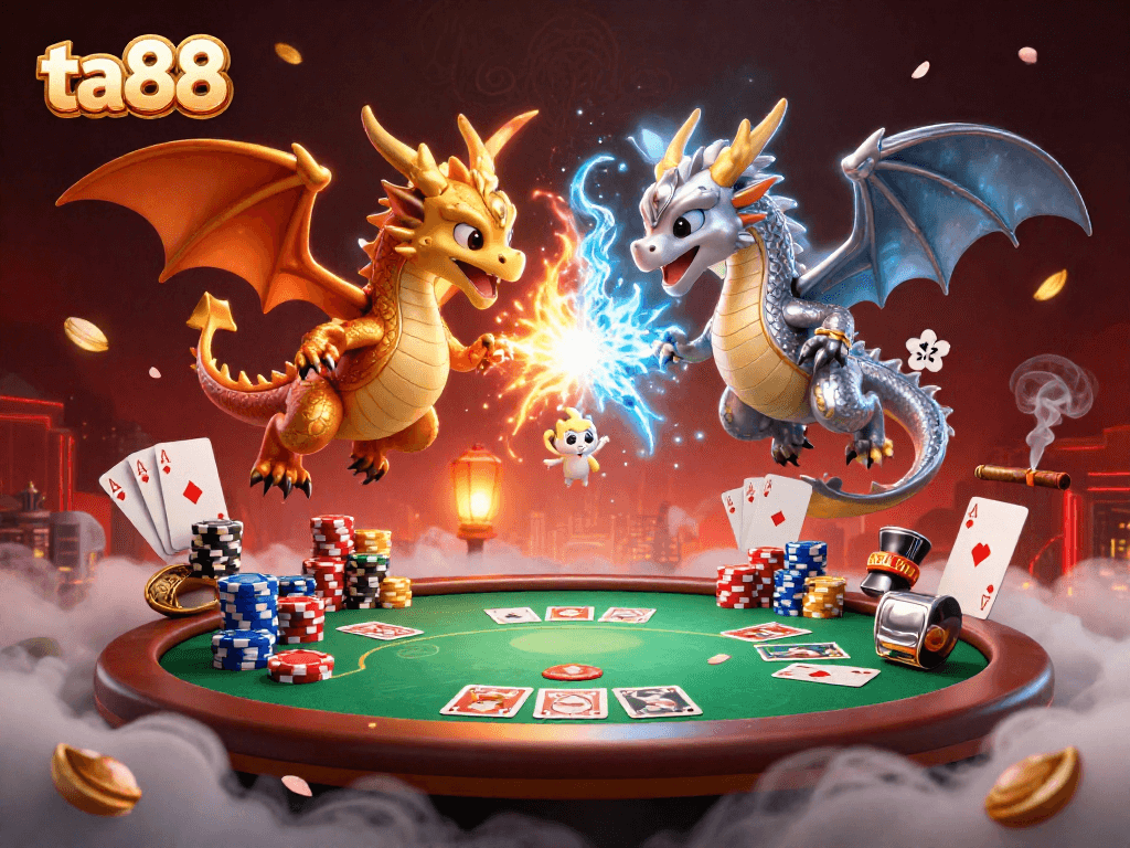 Engage in thrilling gameplay with ta88 featuring lively dragons amidst vibrant poker elements.