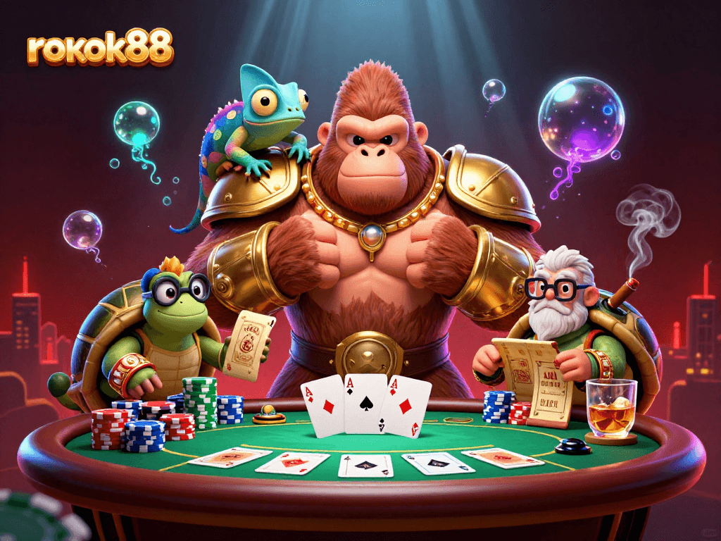 Experience thrilling gameplay at rokok88 with a king gorilla, a clever chameleon, and an elder tortoise surrounded by poker chips.