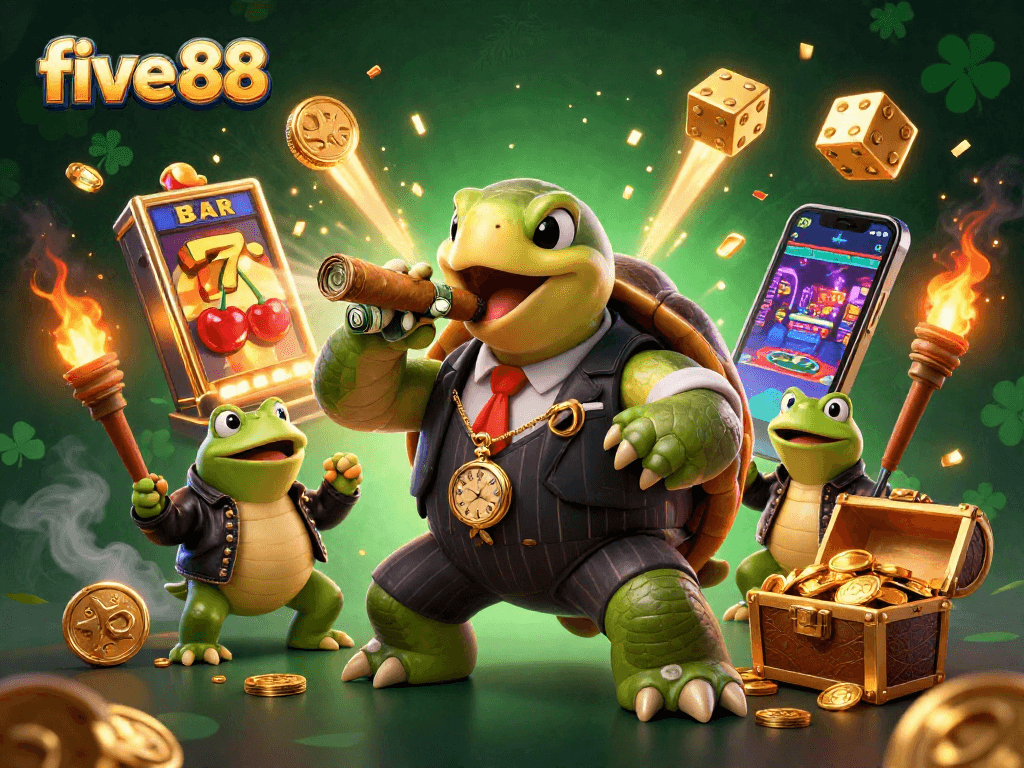 Experience the thrill of five 88 with a vibrant casino illustration featuring a turtle mobster and festive game symbols.