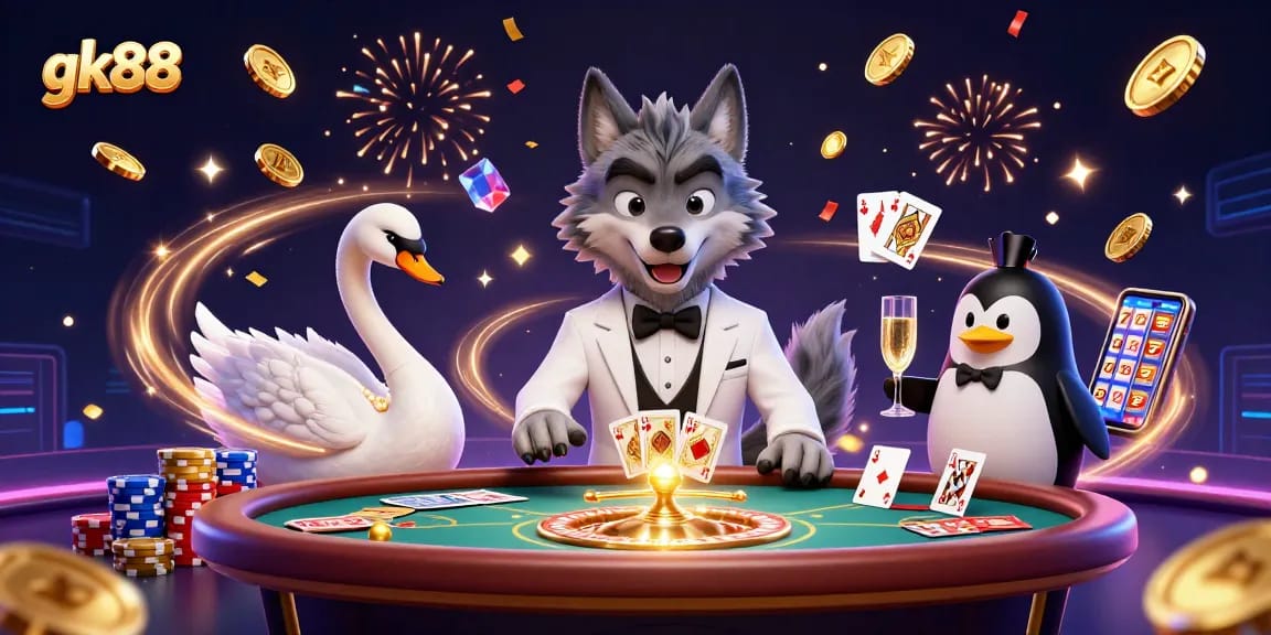 Experience thrilling gameplay with gk88 at a vibrant casino table featuring unique characters and festive elements.