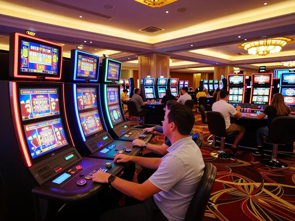 Players engaging with GA88 slot machines in a vibrant casino atmosphere