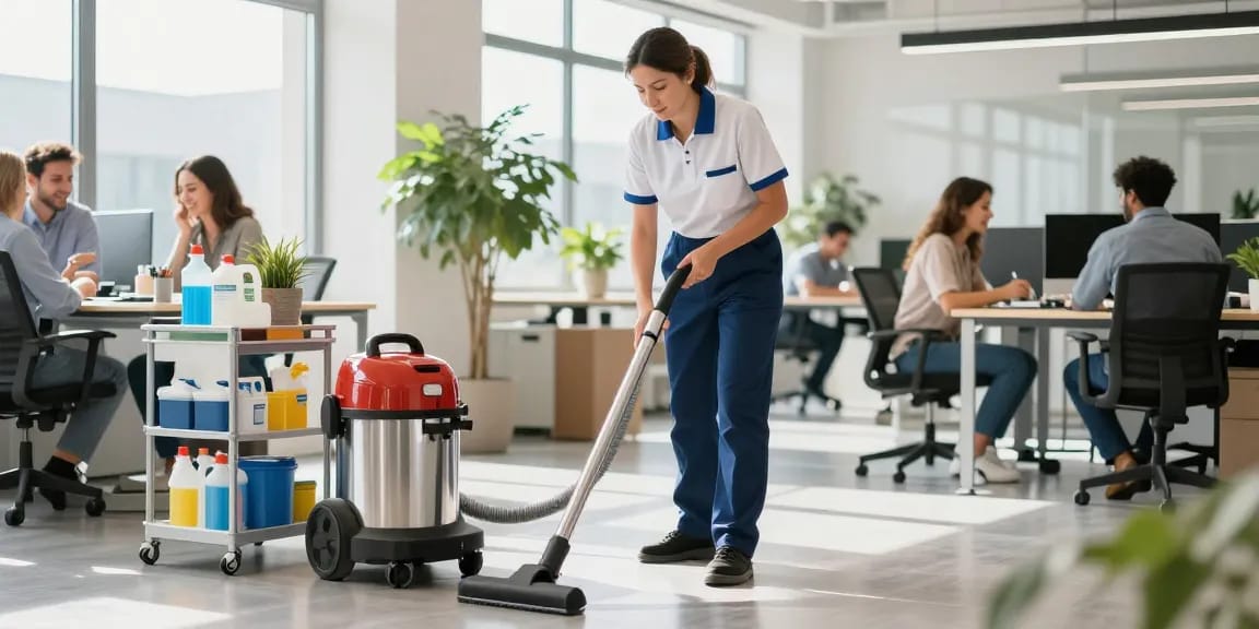 Professional cleaner maintaining a spotless workspace at a schoonmaakbedrijf den haag, ensuring a clean and productive environment.
