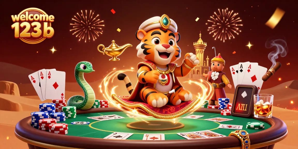 Welcome 123b gaming with a cartoon tiger sultan on a flying carpet amidst poker elements.
