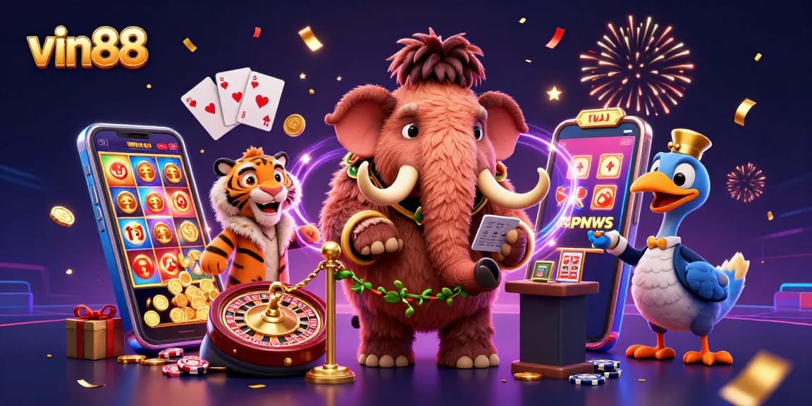 Experience exclusive gaming thrills with vin88's vibrant casino scene featuring engaging characters and colorful slot games.