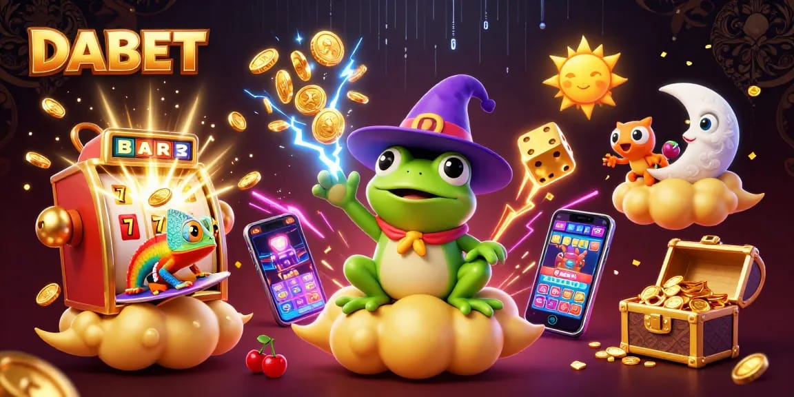 DABET players winning big amidst a golden coin storm with vibrant 3D casino game elements.