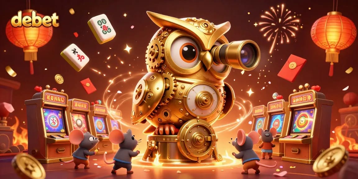 Experience debet's dynamic casino atmosphere with a clockwork owl and mouse patrons among vibrant elements.