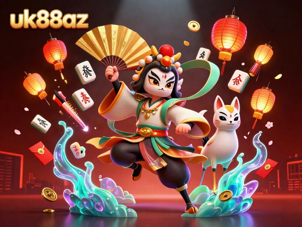 Engage with the vibrant casino world of uk88az showcasing dynamic 3D characters, festive elements, and a captivating backdrop.