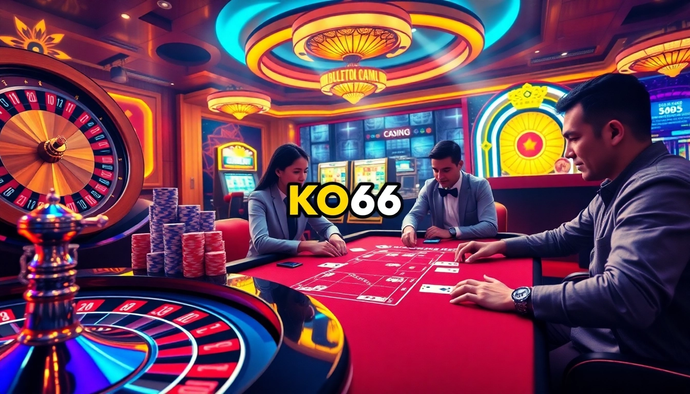 Các game thủ thưởng thức một ván chơi đầy hồi hộp tại bàn casino KO66 với vòng roulette sống động và chip poker.