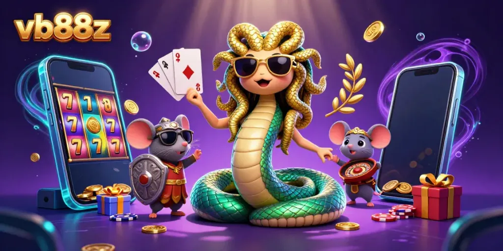 Experience the vibrant gaming world of vb88z with Medusa, a warrior mouse, and exciting casino elements.