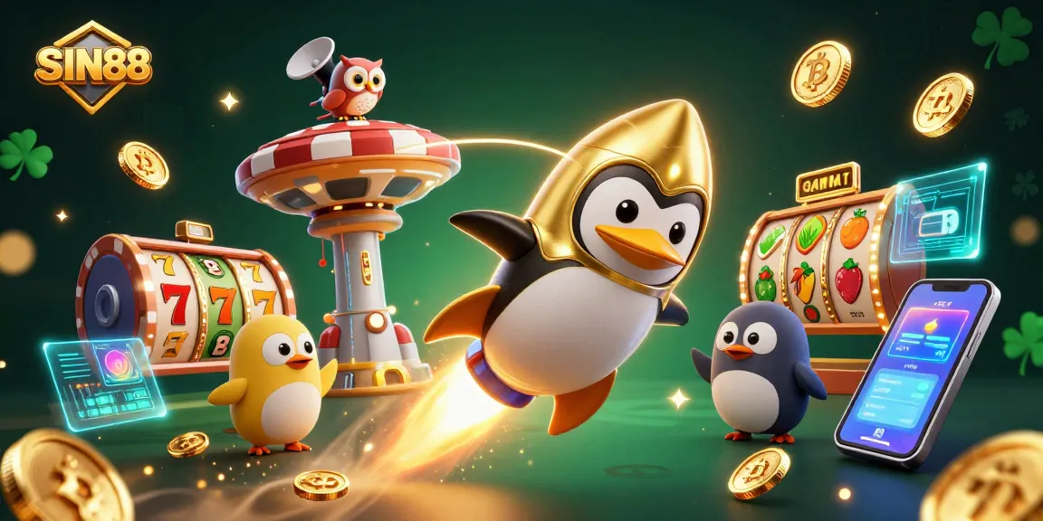 SIN88 illuminates a vibrant 3D scene filled with slot reels, golden coins, and crypto elements.