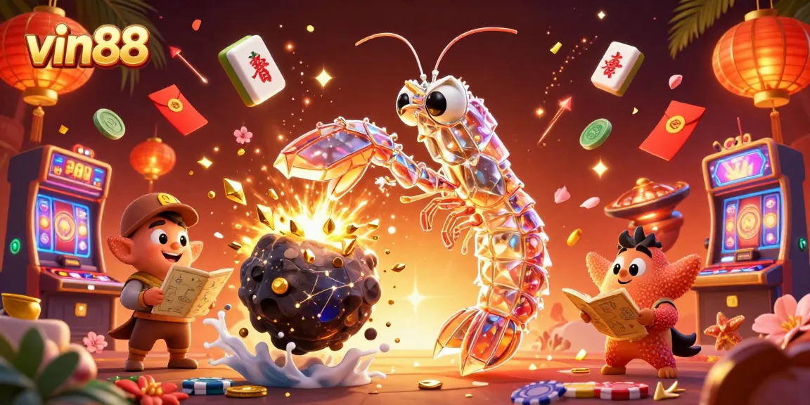 vin88 players enjoying thrilling slots with colorful characters and casino elements in a vibrant 3D scene