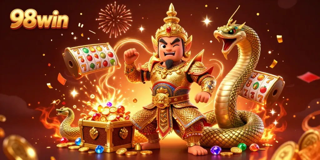 Experience thrilling 98win casino fun with a vibrant 3D illustration celebrating gambling excitement.