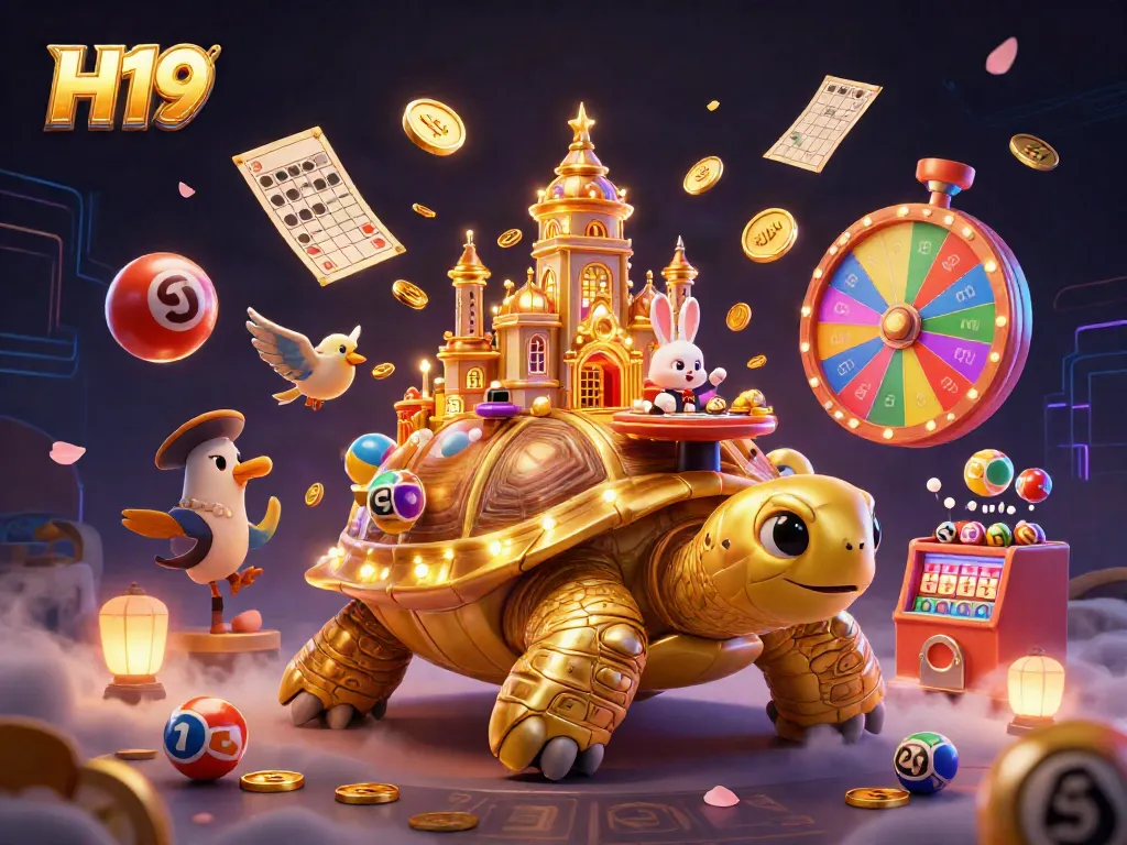 Experience thrilling gameplay at H19 casino with vibrant lottery elements and a charming tortoise palace.