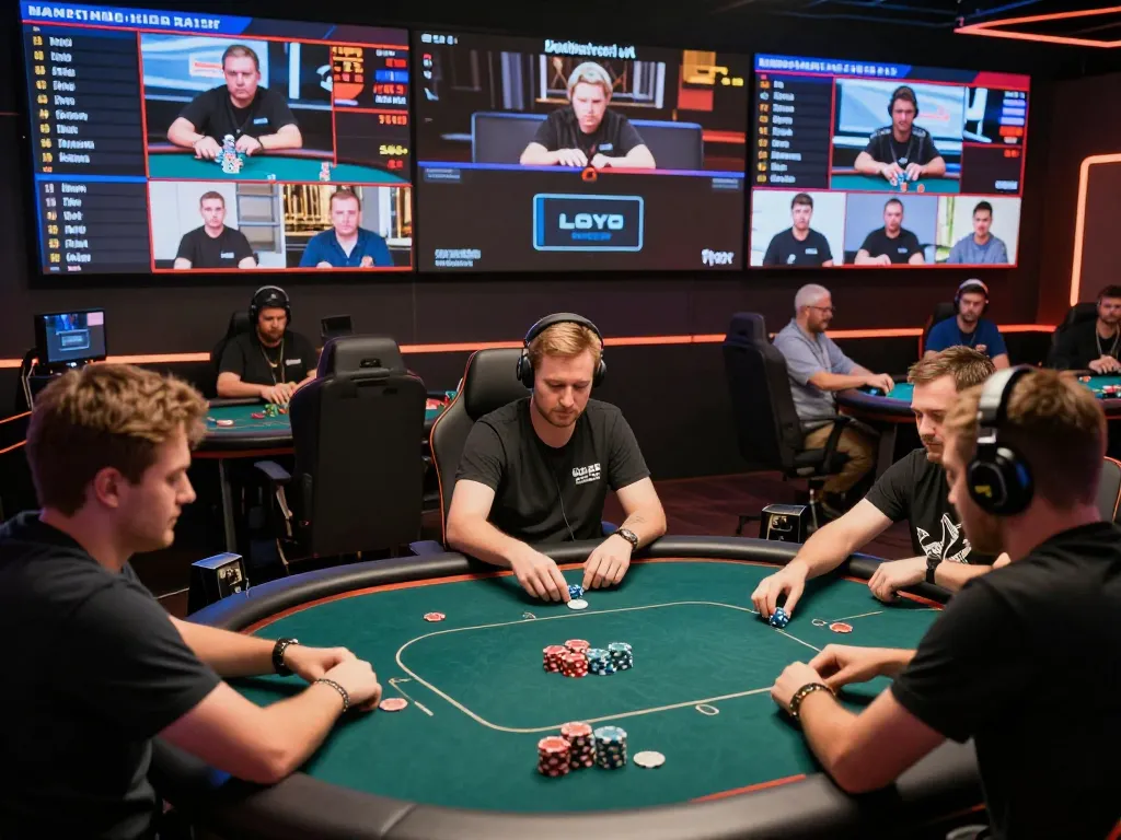 Nohu highlights strategic online poker tournament gameplay with intense players and vibrant digital displays.