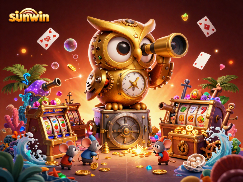 Engage with the thrilling world of sunwin through this rich illustration showcasing clockwork elements and vibrant casino motifs.