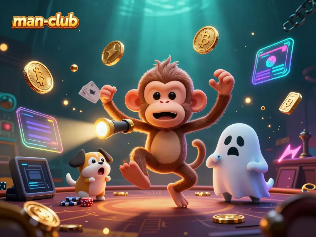 Engage in thrilling gaming at man-club with mischievous characters and vibrant casino elements.