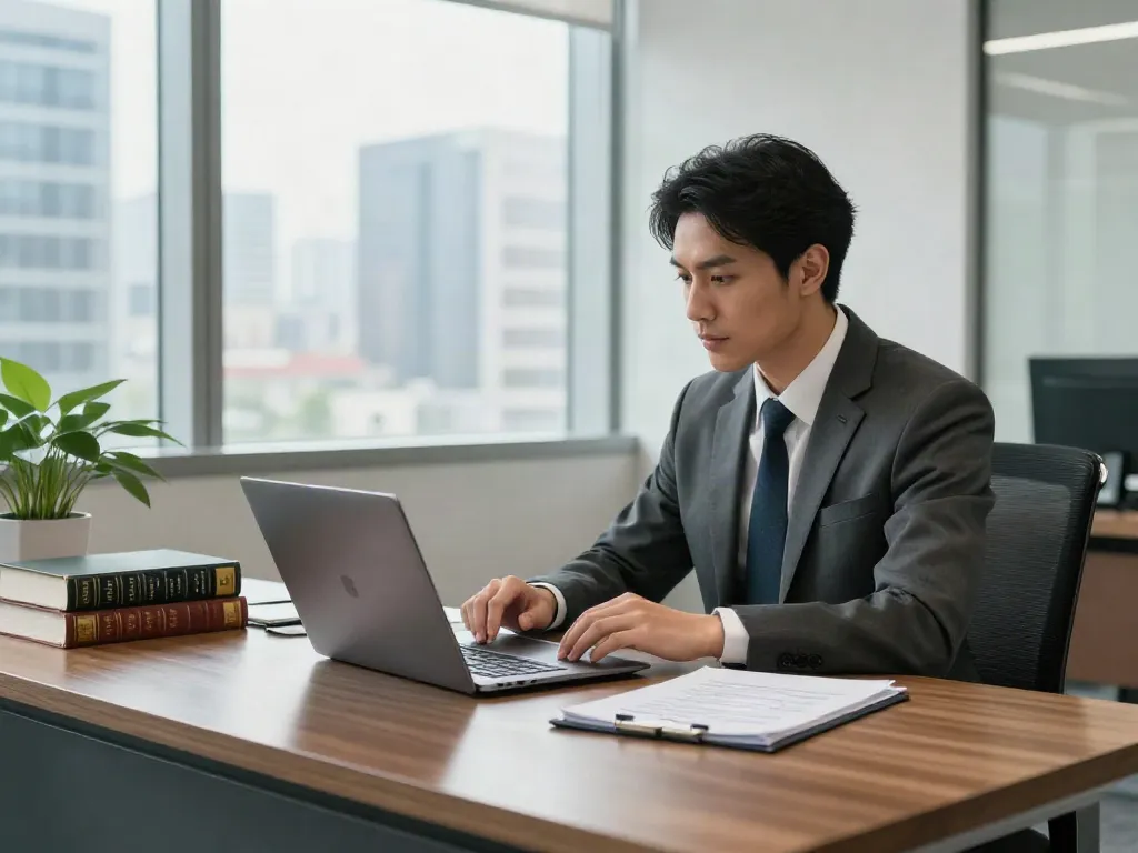 Professional attorney at a modern desk with legal documents on https://f168.law/ reflecting a focused atmosphere.
