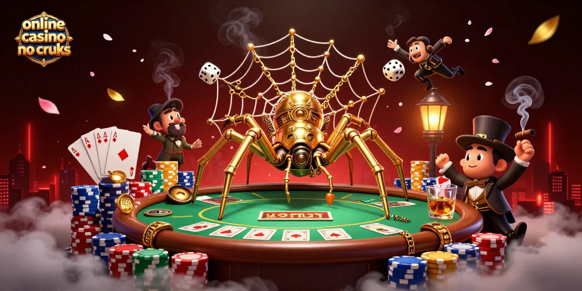 Engage in stunning gameplay at an online casino no cruks, featuring an illustrated steampunk spider and poker elements.
