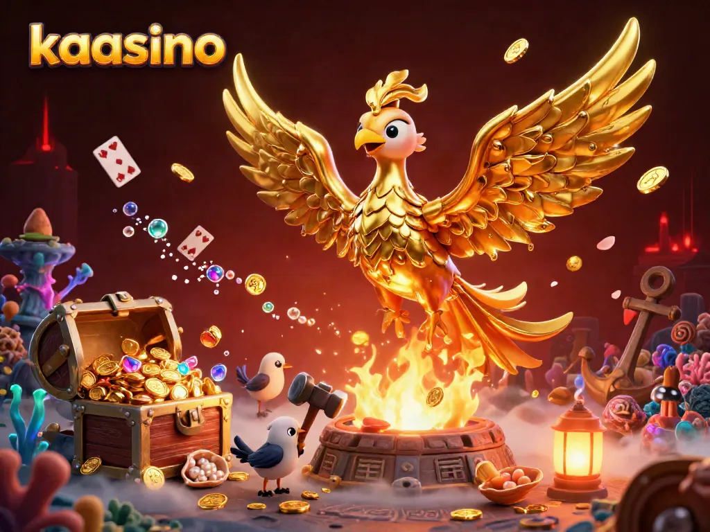Kaasino showcases a golden phoenix among vibrant casino elements and treasures for an engaging gaming experience.