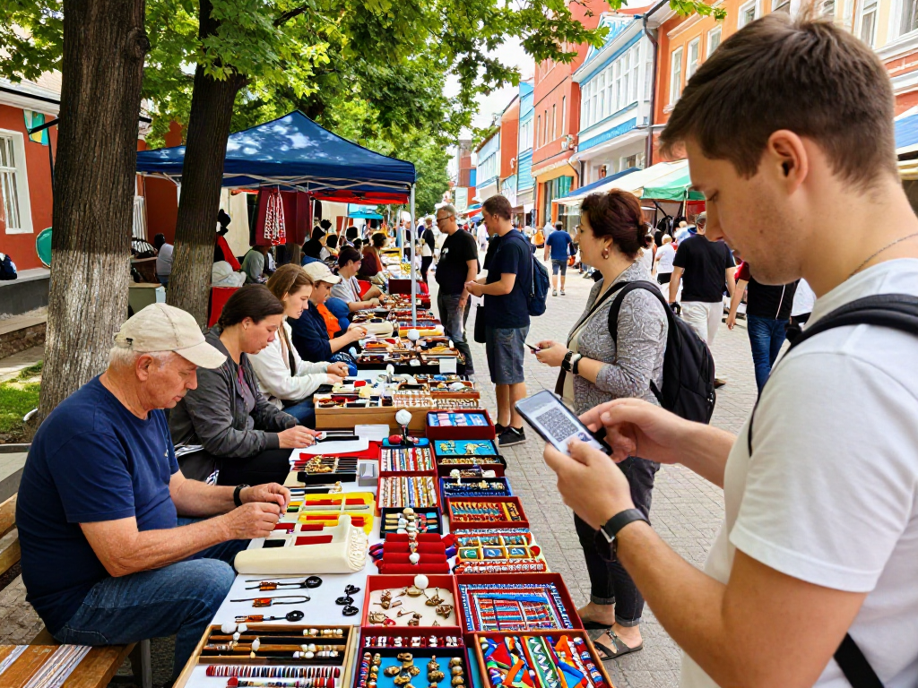 Een toerist die gebruikmaakt van https://payinrussia.com/ om eenvoudig in Rusland te betalen, omringd door een levendige markt.