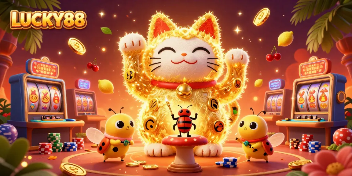 Spin the reels at LUCKY88, a vibrant and dynamic casino scene featuring a lucky cat and golden fireflies.