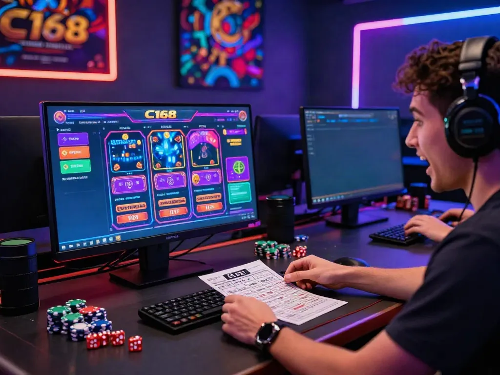 Active player enjoying the C168 online gaming platform with vibrant visuals and gaming accessories.