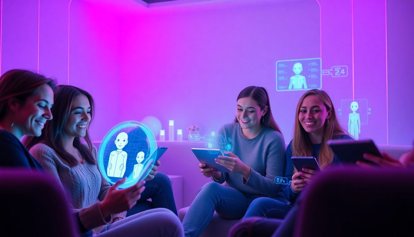 Sexting AI interactions in a futuristic digital room with individuals using modern devices.