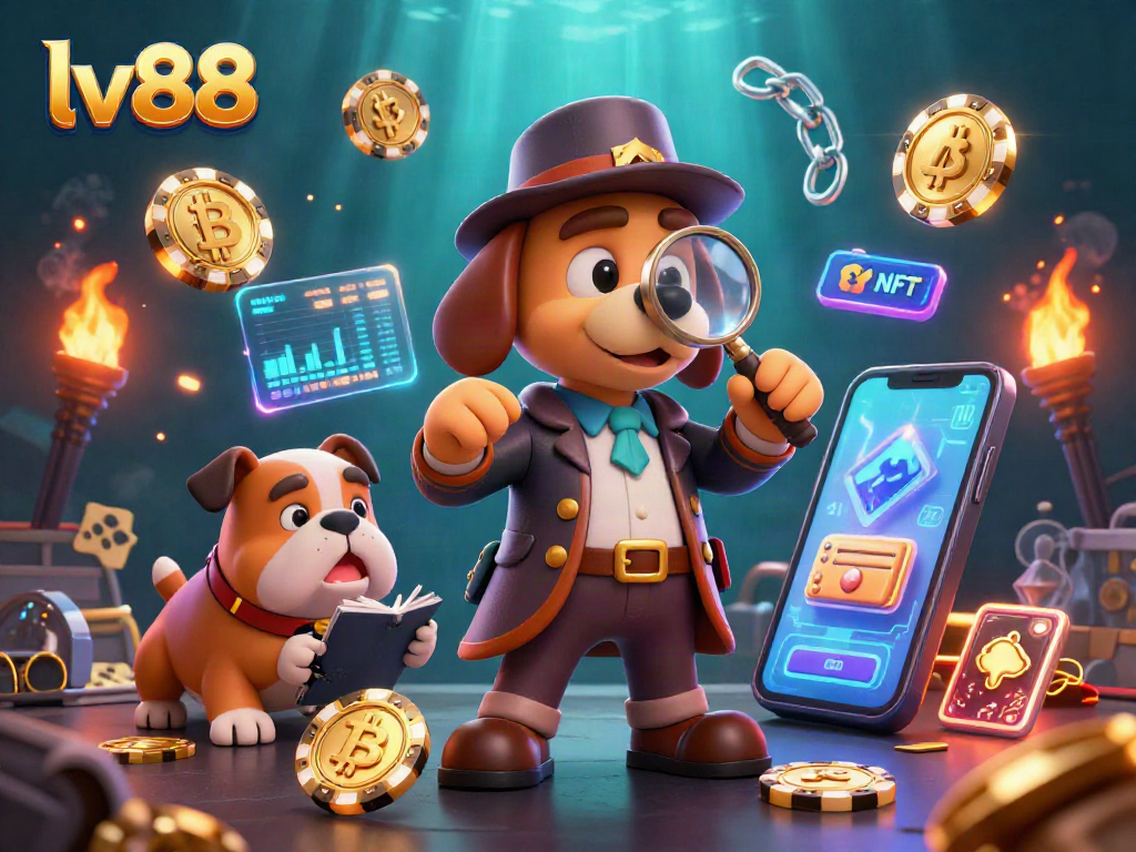 Engage with LV88's thrilling poker adventure featuring cartoon detective and crypto assets in a vibrant casino setting.