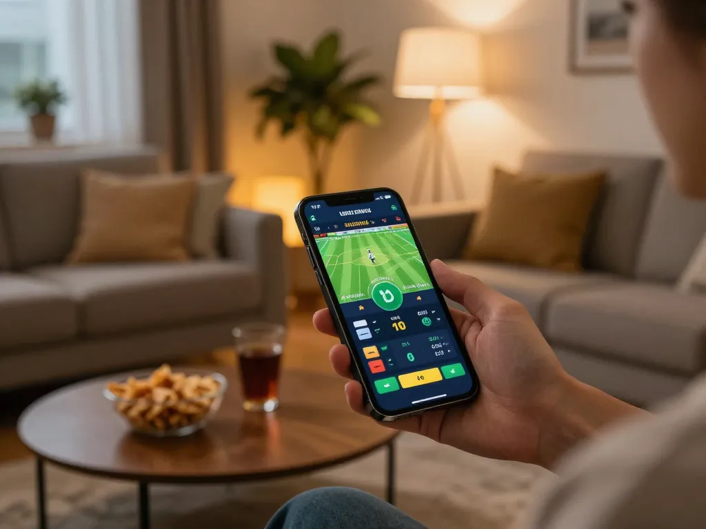 Experience live sports betting excitement with 98win9 on a smartphone in a cozy setting