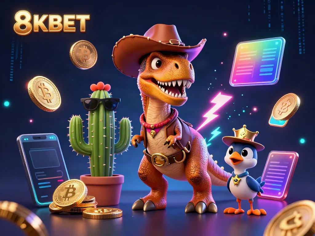 Experience thrilling gaming with 8KBET in a vibrant, action-packed 3D casino scene.